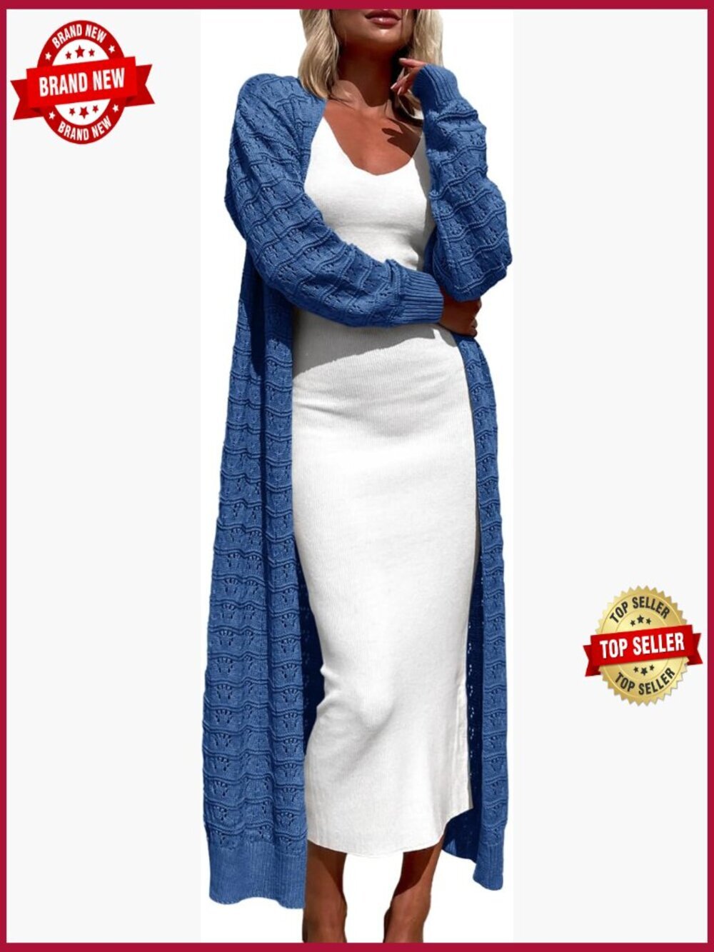 Crochet Maxi Cardigan Open Front Knit Long Sleeve Lightweight Duster Cardigan